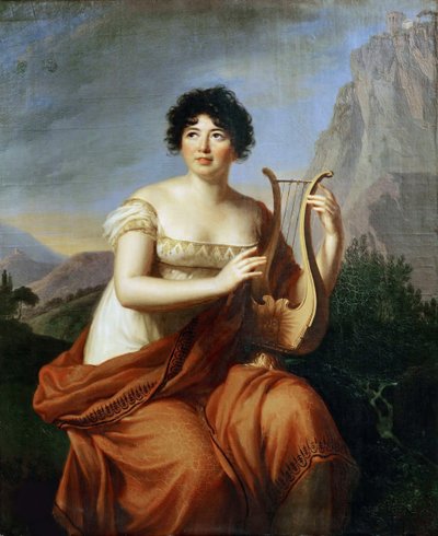 Retrato da autora Baronesa Anne Louise Germaine de Staël 1766-1817 como Corinne, 1807. de Elisabeth Louise Vigee Lebrun