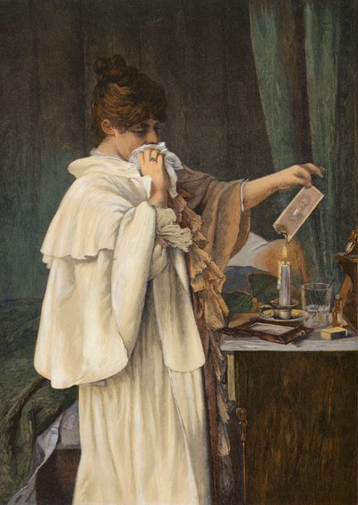 "All Over", Rapariga que queima o retrato do seu amante após o fim do seu caso (litografia a cores) de Louise Max Ehrler