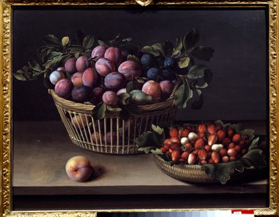 Um pêssego, morangos e uma cesta de frutas Pintura de Louise Moillon (1610-1696) Toulouse do século XVII, Musee des Augustins de Louise Moillon