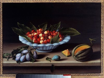 Taça de cerejas, ameixas e melão Pintura por Louise Moillon (1610-1696) 1633 Sol. 0,48x0,65 m de Louise Moillon