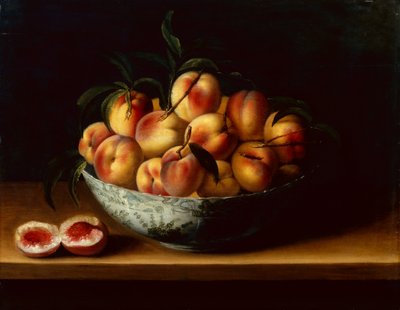 Pêssegos em uma tigela de porcelana Wanli Kraak em uma borda (óleo no painel) de Louise Moillon