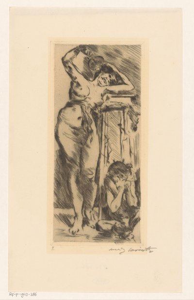 Nu feminino com leque na mão e uma figura agachada à direita de Lovis Corinth (signed by artist)