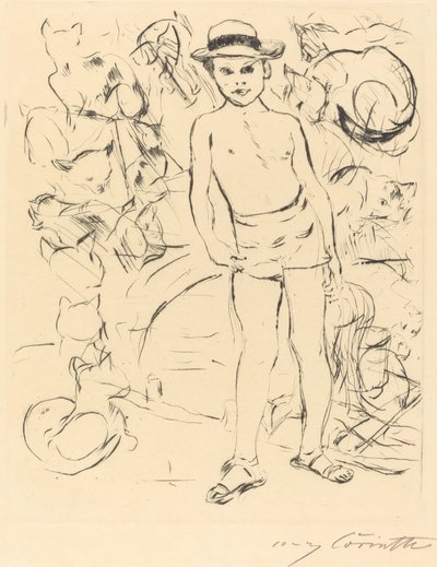 Menino vestindo calção de banho e chapéu de palha de Lovis Corinth