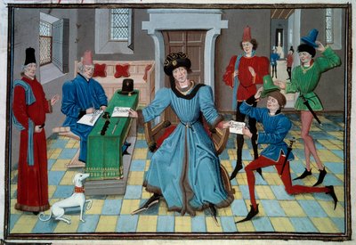 Chegada de um mensageiro em miniatura do manuscrito "Renaud de Montauban" ou "Les quatre fils Aymon" de Loyset Liedet (activo entre 1448 e 1478). Sra. 5073. Bibliotheque de l