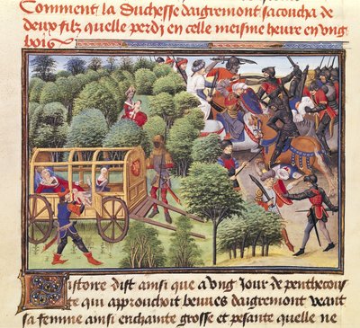 Ms 5072 f.6v Como a Duquesa de Aigremont deu à luz dois filhos e os perdeu na mesma hora em um bosque, do ciclo de Renaud de Montauban de Loyset Liedet