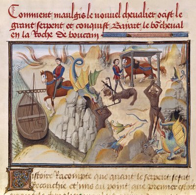Ms 5072 fol.37v Maugis Lutando contra a serpente e ganhando o cavalo encantado, Bayard, do ciclo de Renaud de Montauban de Loyset Liedet
