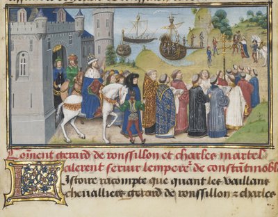 O imperador bizantino acolhendo Roussillon e Martel, 1468-1470 de Loyset Liedet