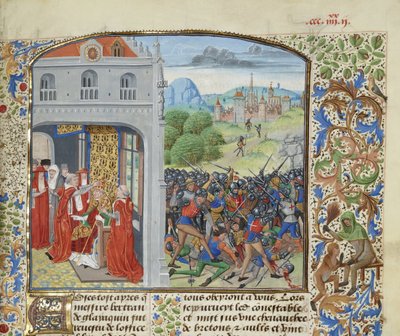 A coroação do Papa Gregório XI e a Batalha de Pontvallain, 1370, ca 1470-1475. de Loyset Liedet