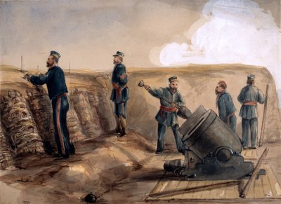 Um morteiro de 13 polegadas da Artilharia Real em ação, 1855 (wc sobre lápis sobre papel) de Lt. Henry James Alderson