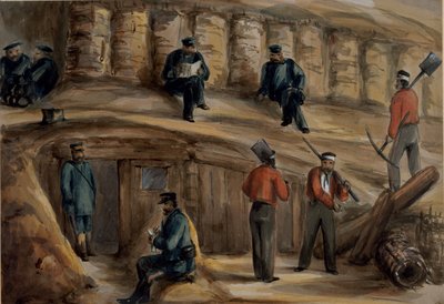 Atiradores do Regimento Real de Artilharia descansando nas trincheiras de Sebastopol, c.1855 de Lt. Henry James Alderson