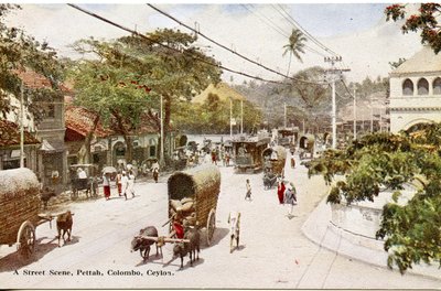Uma cena de rua, Pettah, Colombo, Ceilão, c.1900-20 (fotografia colorida à mão) de Ltd. Ceylon Plâté
