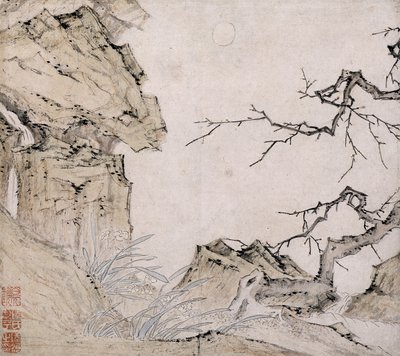Narciso, Ameixoeira Numa Paisagem (tinta e cor sobre papel) de Lu Zhi