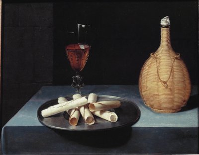 A sobremesa de bolachas, garrafa de vinho e copo - óleo sobre tela de Lubin Baugin