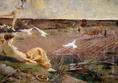 Fortuna representação alegórica da Abundância e da fertilidade. Um camponês lavrando o seu campo ao fundo. Detalhe. Pintura marouflee sobre gesso por Luc Olivier Merson (1846-1920) 1901 Sol. 2,22x2,9 m Paris, musee d
