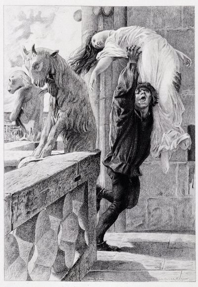 Quasimodo capaz de conduzir Esmeralda - em "Notre Dame de Paris" de Victor Hugo de Luc Olivier Merson, gravado por Gery Bichard, ed. E. Testard, Paris de Luc Oliver Merson