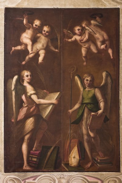 Génova, Duomo (Catedral de São Lourenço), sacristia, capela: "Anjos com insígnias episcopais, livros e ramos de palmeira", de Luca Cambiaso, cerca de 1580 de Luca Cambiaso