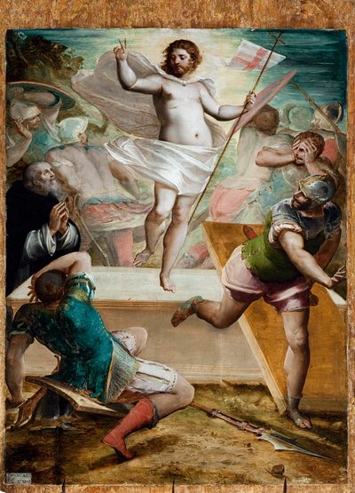 Ressurreição, Jesus segura uma cruz de pau no final da qual flutua uma marca padrão de uma cruz vermelha (Pintura de Luca Cambiaso