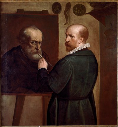 Auto-retrato do artista fazendo o retrato de seu pai Pintura de Luca Cambiaso (1527-1585) 1570 aproximadamente. Sol. 104x97 cm Genes, Musei di Strada Nuova de Luca Cambiaso