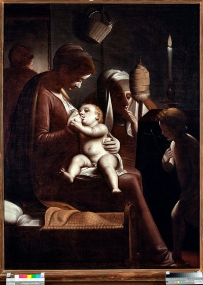 Virgem e Criança com São João Batista ou "Virgem uma vela" ou "Sagrada Família com Santa Ana e São João Batista" (Virgem com uma vela) Pintura de Luca Cambiaso (1527-1585) de Luca Cambiaso