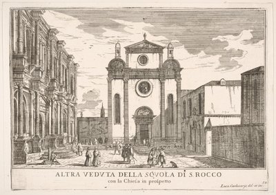 Ilustração 38: Vista da fachada da igreja de St. Roch e à esquerda da fachada do Schoo ..., 1703. de Luca Carlevarijs