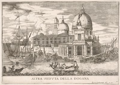 Ilustração 61: Vista da alfândega Dogana da Mar na confluência do Grande Canal em ..., 1703. de Luca Carlevarijs