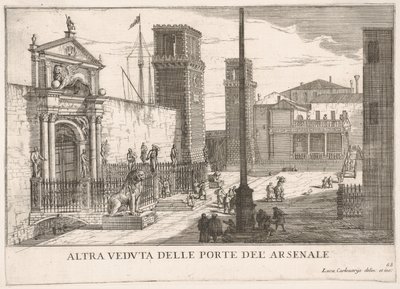Ilustração 63: Vista do portão do complexo naval e arsenal Arsenale, Veneza, 1703, fr ..., 1703. de Luca Carlevarijs