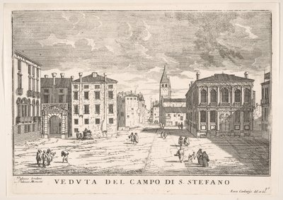 Ilustração 95: Vista do Campo Santo Stefano com o Palácio Loredan e o Palácio Morosini, Veneza ..., 1703. de Luca Carlevarijs