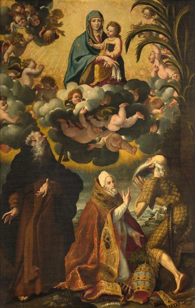 Altar de Santo António, Nossa Senhora e Criança com Santo António Abade Paulo Eremita e Papa Gregório XIV, Lucas Cattapane 1593 de Luca Cattapane