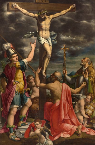 Altar de San Fermo, Crucificação com Santos Fermo Jerônimo e Papa Gregório XIV, Luca Cattapane 1593 de Luca Cattapane