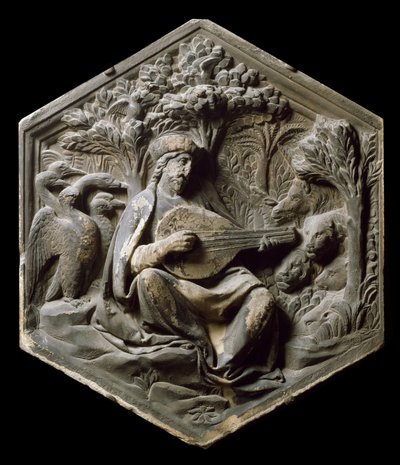 Alegoria da Música como Orphee Os animais da floresta ouvem Orphee tocando alaúde. Alto relevo por Luca della Robbia de Luca Della Robbia