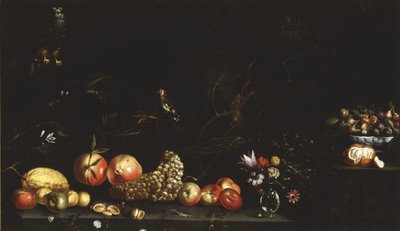 Natureza morta com frutas, flores, um falcão e um pintassilgo, 1620-30 de Luca Forte
