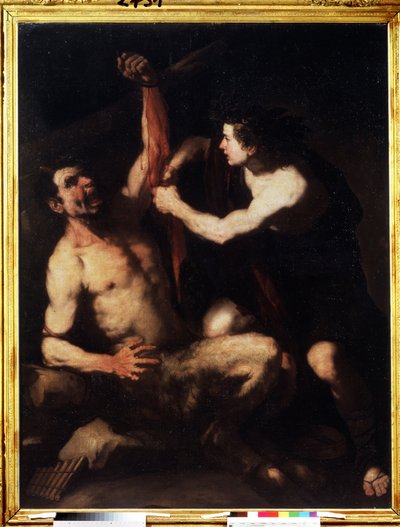"Apollo e Marsyas" Apollo, depois de ter vencido o desafio contra Marsyas, mandou esfolá-lo e depois atirá-lo para uma caverna. Pintura de Luca Giordano (1632-1705) 1650 aproximadamente. Maneirismo. Museu Pushkin, Moscovo de Luca Giordano
