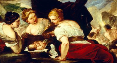 Filhas de Cecrops cesto de abertura que segura o bebé Erichthonius, de Luca Giordano (1634-1705), óleo sobre tela, 76,5x133,5 cm de Luca Giordano