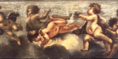 Putti disporting (papel sobre tela) (detalhe central) (ver também 67091-94) de Luca Giordano
