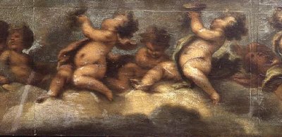 Putti disporting (papel sobre tela) (detalhe do centro) (ver também 67087-89) de Luca Giordano