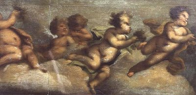 Putti disporting (papel sobre tela) (detalhe à esquerda) (ver também 67087-90) de Luca Giordano