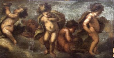 Putti disporting (papel sobre tela) (detalhe à direita) (ver também 67087-90) de Luca Giordano