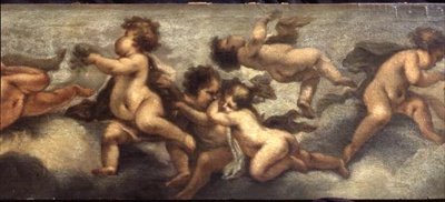 Putti disporting (papel sobre tela) (detalhe à direita) (ver também 67091-93) de Luca Giordano