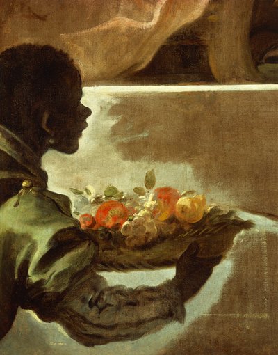 Servo apresentando um cesto de frutas, detalhe de Homenagem a Velázquez para o Conde de Santiesteban de Luca Giordano