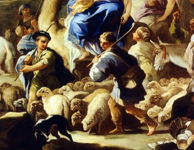 Ovelhas e pastores, detalhe da partida de Rebecca para Canaã, de Luca Giordano (1634-1705), óleo sobre cobre, 59x85 cm de Luca Giordano
