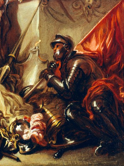 Soldado segurando bandeira, detalhe da Alegoria da Guerra, de Luca Giordano (1634-1705), óleo sobre tela, 61x50 cm de Luca Giordano