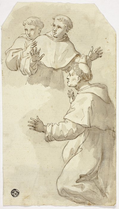 Três monges assustados, um ajoelhado, dois de pé de Luca Giordano