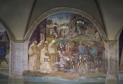 Benedito descobre o engano de Totila, cena da Vida de São Bento de Luca Signorelli