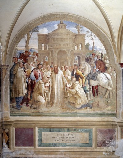 Bento envia Maurus na França e Placid na Sicília (Bento envia Maurus na França e Placid na Sicília) Fresco do claustro feito por Luca Signorelli recontando a vida de São Bento de Nursie (480 - 567) fundador da Ordem de Beneditino 1497- de Luca Signorelli