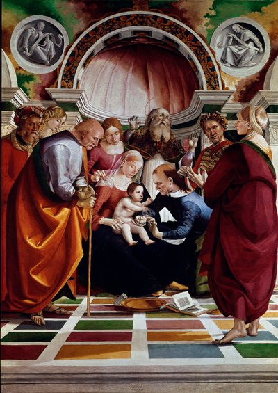 Circuncisão. Entre os personagens representados: São José (com uma bengala), a Virgem Maria, Jesus Cristo e São Simeão (levantando as suas mãos para o céu). Pintura de Luca Signorelli (ca. 1445-1523) 1491 aproximadamente. Sol. 258,5x180 cm Londres, Galeria de Luca Signorelli