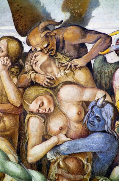 Amaldiçoado no inferno, detalhe com auto-retrato de Luca Signorelli disfarçado de demônio azul, do ciclo de afrescos do Juízo Final. de Luca Signorelli