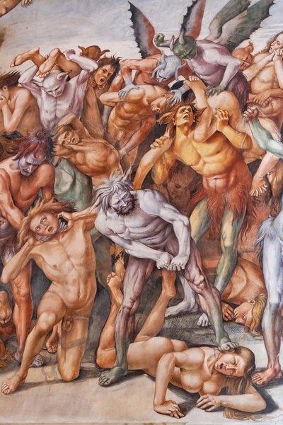 Malditos para o inferno, detalhe com demónios e condenados de Luca Signorelli