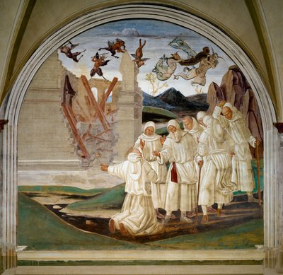 Vida de São Bento: "Como Deus castiga Florent" Um monge diz ao santo que Florent (Fiorenzo) morreu enterrado sob a descompressão de sua casa abatido pelos demônios. Fresco por Luca Signorelli (ca. 1445-1523) de Luca Signorelli
