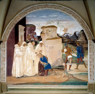Vida de São Bento de Nursie (ca. 480-547): "Benedito admoesta o irmão do monge Valeriano que quebrou seu jejum" (Como Benedito admoesta o irmão do monge Valeriano que quebrou seu jejum) Afresco de claustro feito por Luca Signorelli (ca. 1445-15 de Luca Signorelli
