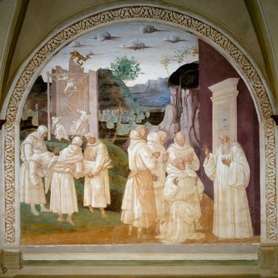 Vida de São Benoît: "São Benoit ressuscita um monge trabalhador no local de construção do Mosteiro do Monte Cassino, após a queda de um muro por causa de um demónio. Fresco por Luca Signorelli (ca. 1445-1523) de Luca Signorelli